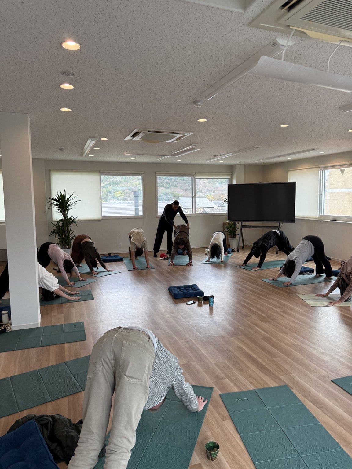 Participants in downward-facing dog on green mats during a yoga practice in a bright studio room, with Nathan adjusting a participant.